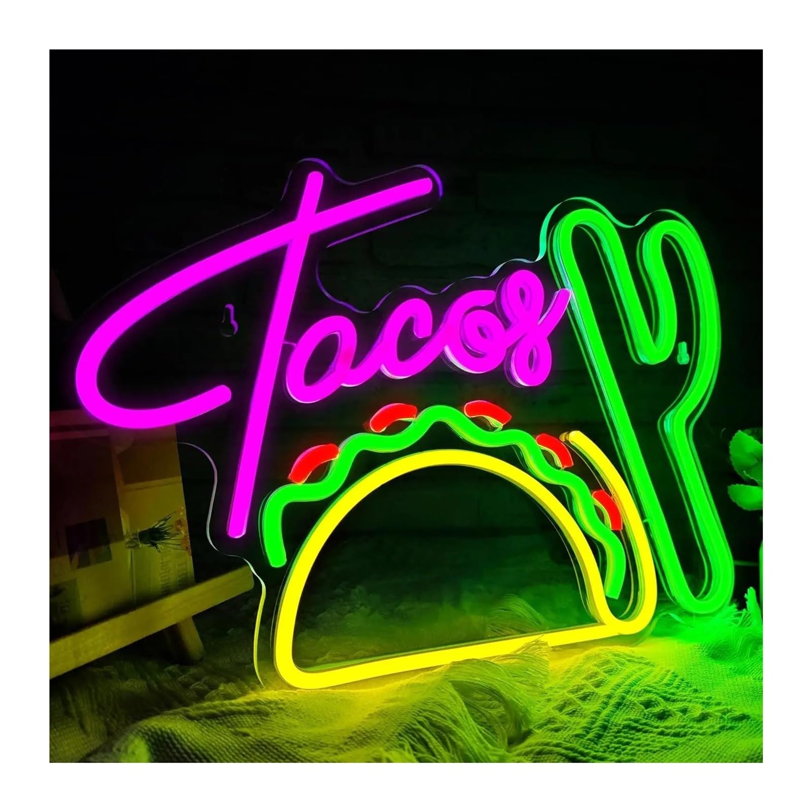 Luces de neón Letrero De Neón Tacos Con Luz Alimentada Por USB Para Tacos, Tortillas, Comida Mexicana, Restaurante, Pub, Negocio, Decoración De Pared, 27.5х40cm