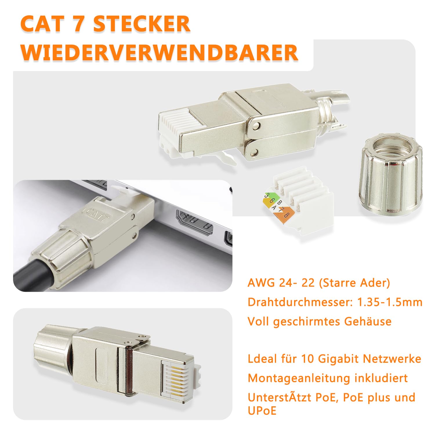 LEENUE RJ45 Stecker Werkzeuglos Cat8, 40 Gbit/s 2000 MHz, 50u Vergoldet lan stecker werkzeuglos POE für Cat8 Cat7 Verlegekabel, Geschirmt netzwerkstecker cat 8 werkzeuglos, Wiederverwendbar, 1 Stück