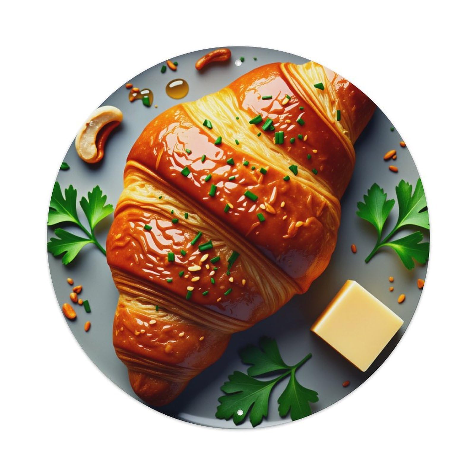Golden Flaky Croissant Garnished Herbs Round Tin Sign Vintage Style Metal Sign Home Bar Garden Wall Plaque Decor Metal Poster 8x8 Inch