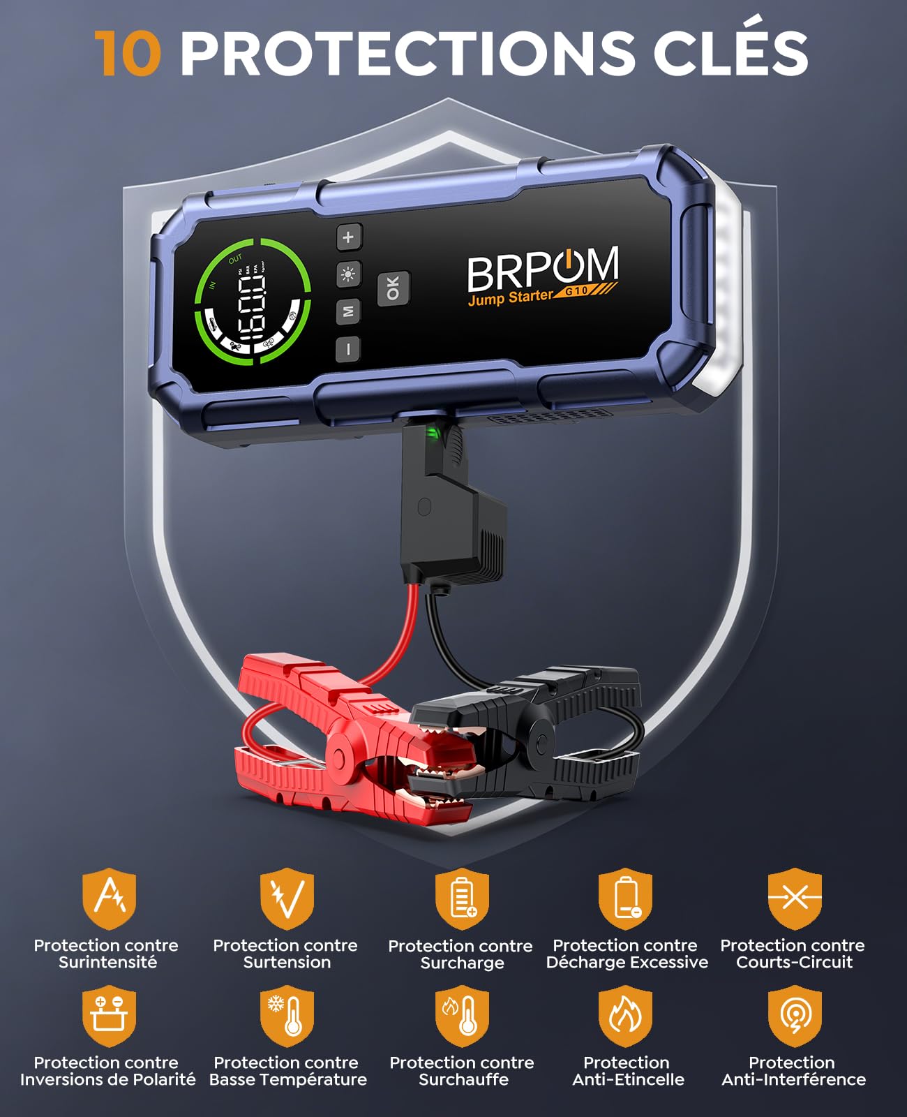 BRPOM Booster Batterie Voiture avec Compresseur 160 PSI, Démarreur Portable 12 V 9000A pour Moteurs Essence et Diesel Jusqu’à 10 L, Jump Starter, Gonfleur Pneus, Écran LCD, LED 600 LM