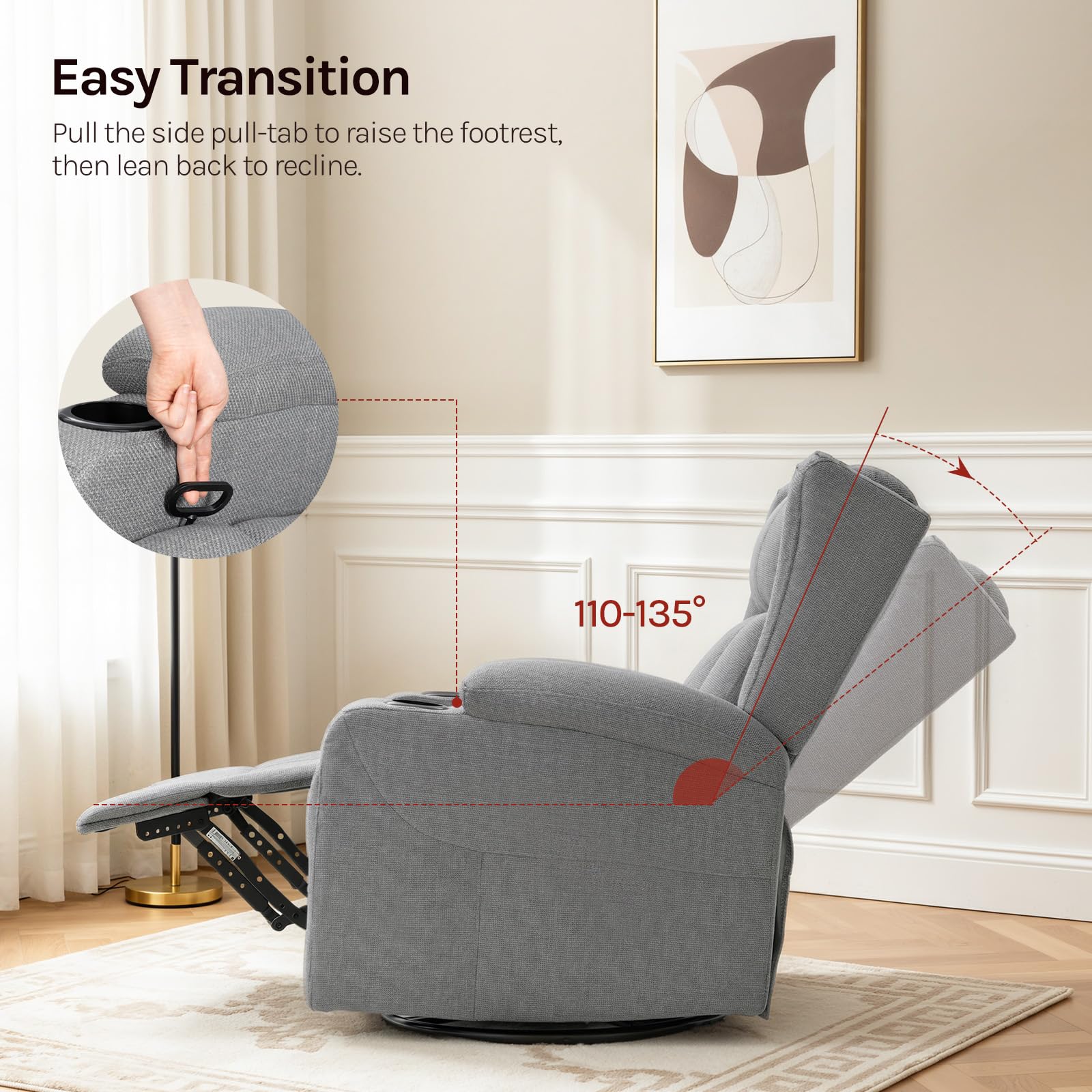 WOLTU Poltrona Relax con Schienale e Poggiapiedi Regolabili, Poltrona Girevole 360° con Funzione Dondolo, Tasche e Portabicchieri, per Soggiorno, Camera da Letto, Portata 150 kg, Effetto Lino, Grigio