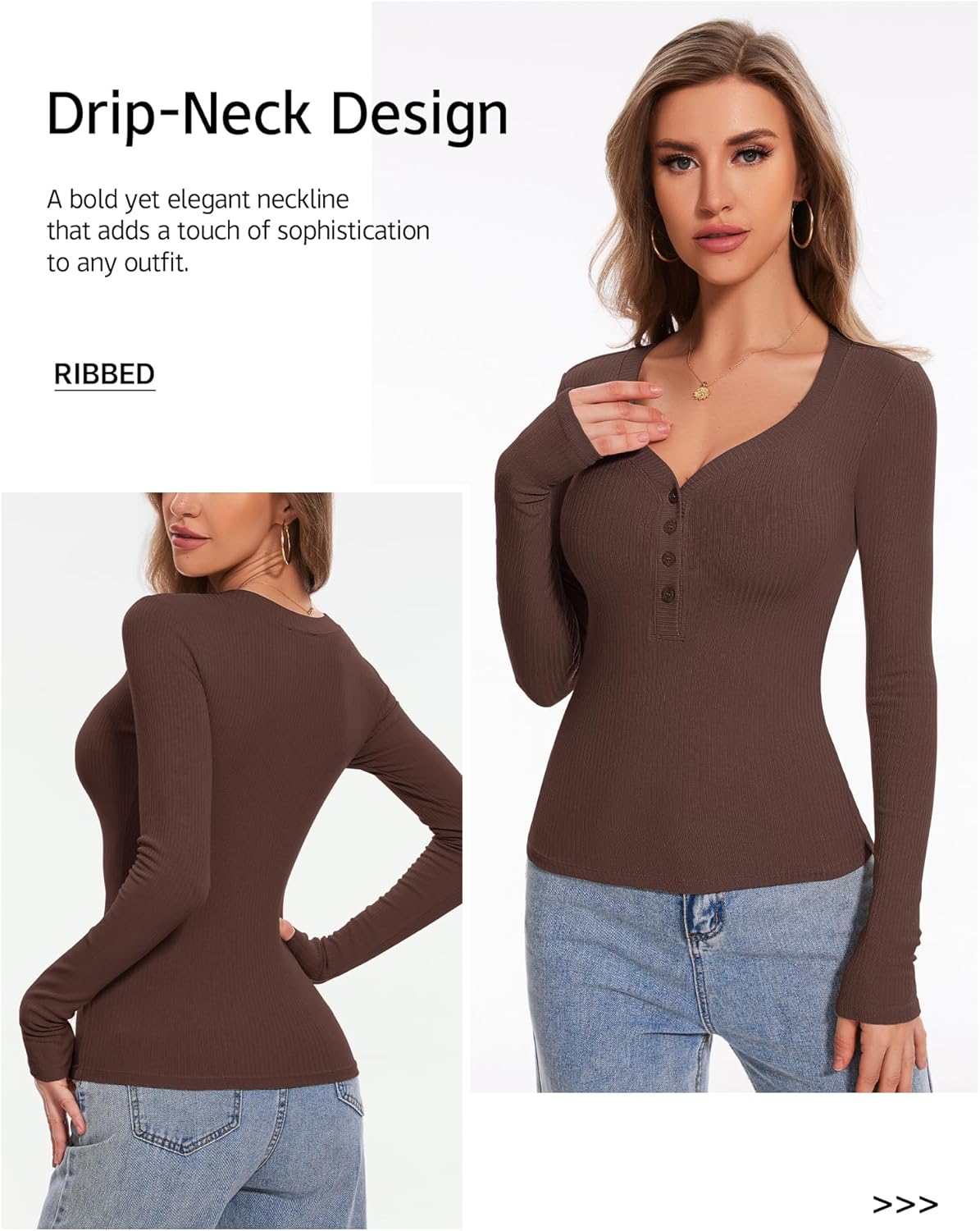 Women's Long Sleeve V Neck Shirt Sexy Henley Tight Slim Fitted Going Out Top Ribbed Button Fall Fashion 2025 - Image 4