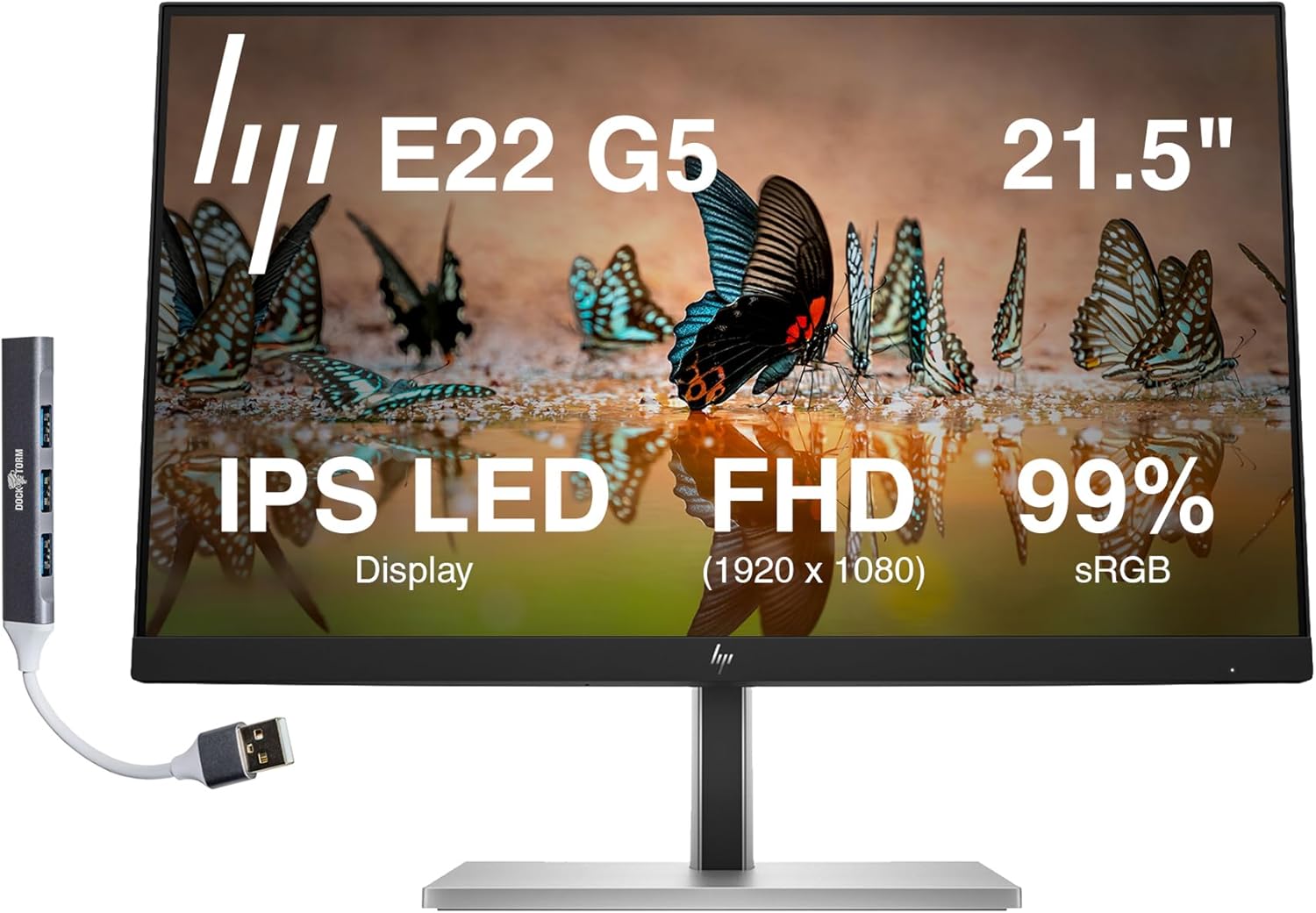 HP 22" FHD IPS Monitor with 5ms Response Time, Anti Glare, Flicker Free, VESA Mount (100 x 100mm), Displayport, HDMI & Dockztorm USB Port Expander, Black/Silver Color