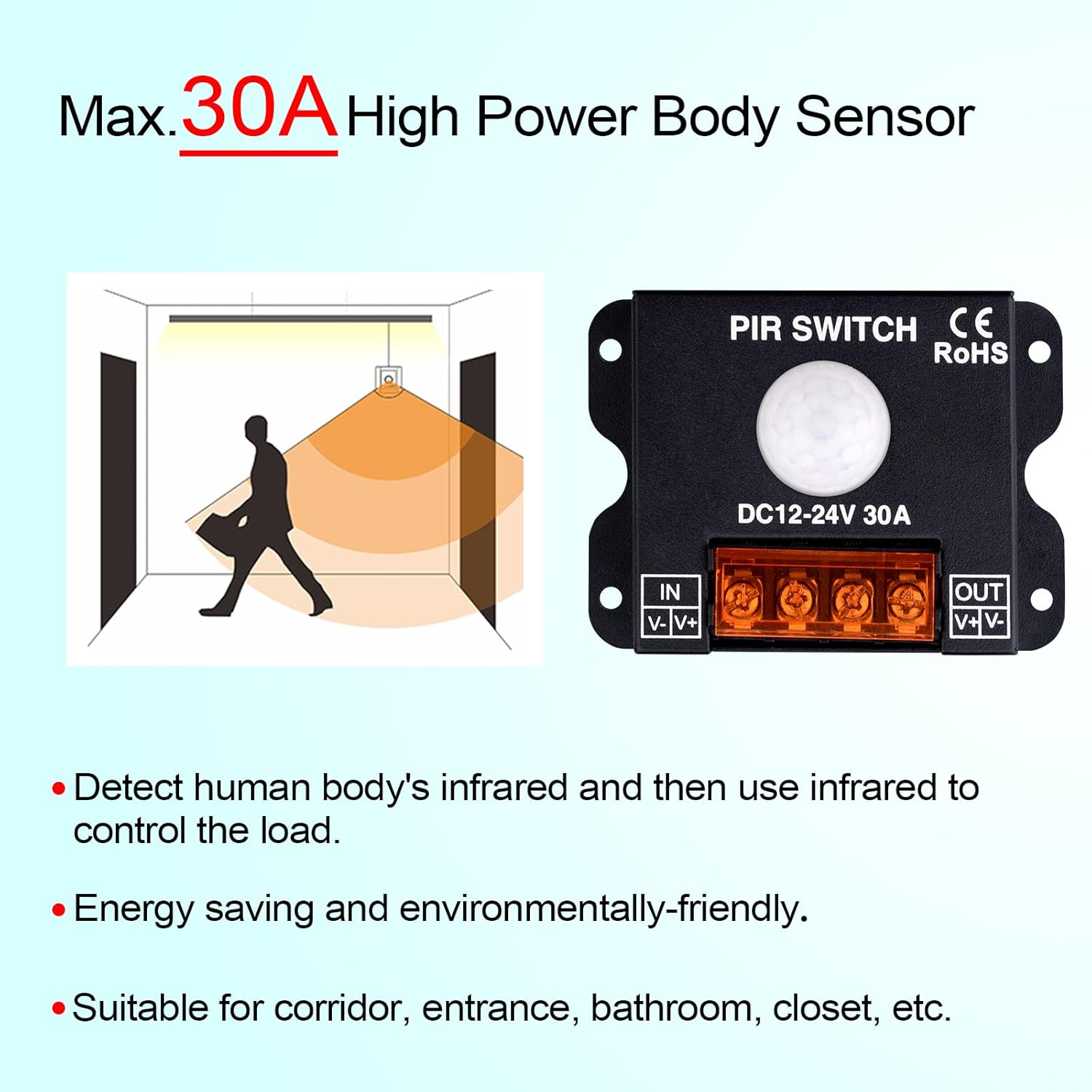 DC 12V 24V 30A PIR Sensor LED Motion Sensor Switch, Infrared Sensing Controller for Flexible LED Light Strips