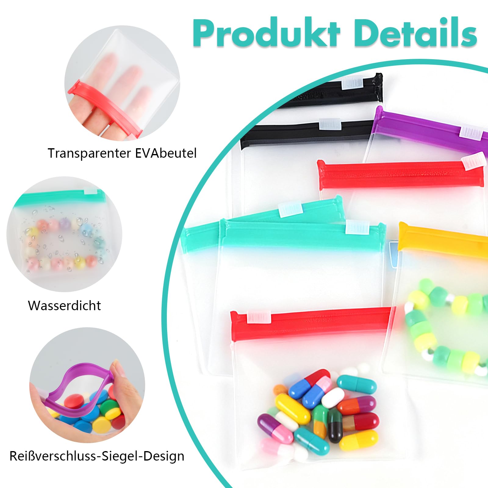 15 Stück Mini Zip Beutel, 7,5 x 7,5 cm Wiederverwendbare Medikamententasche Klein, EVA Tragbare Kleine Zipper Tütchen, Mehrfarbige Pillenbeutel mit 16 Aufkleber, für Reisen und Alltag