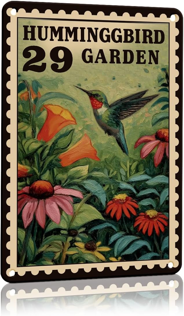 Vintage Hummingbird Garden Metal Tin Sign for Home Greenhouse Living Room Outdoor Lawn Patio Gifts for Neighbor Women Men 7 x 10.5 inches