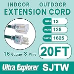 20 Ft Green Extension cordon extérieur noir avec bout éclairé, 16 AWG Cord d'extension Ouside, 3 Plug à la terre, Câble électrique étanche, SJTW, 13A 1625W, UL Inscrit 13A 125V 1625W, Indicateur éclairé, résistant aux intempéries, intérieur & En plein air, App à domicile