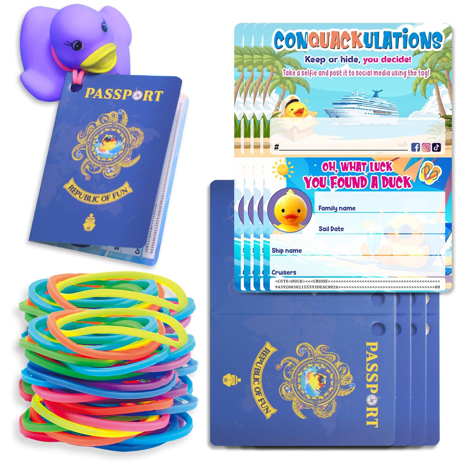 100Pcs Duck Tags Cruising Duck Tags, Passport Design Tags, 50Pcs Card with Hole and 50Pcs Rubber Bands (Blue Passport 001)