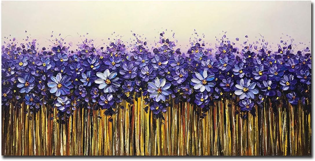 Yotree 24x48 Inch Paintings,Simple Modern Style Abstract Canvas Art 3D Hand-Painted Purple Mini Flowers Abstract Artwork Acrylic knife painting Ready to Hand