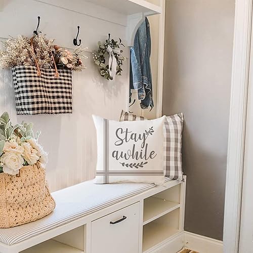 Miniatura 3 de Juego de 4 fundas de almohada de eucalipto de granja de 18 x 18 pulgadas, jarrón de hojas de Yugalier, a cuadros, bendice nuestro hogar, estancia un