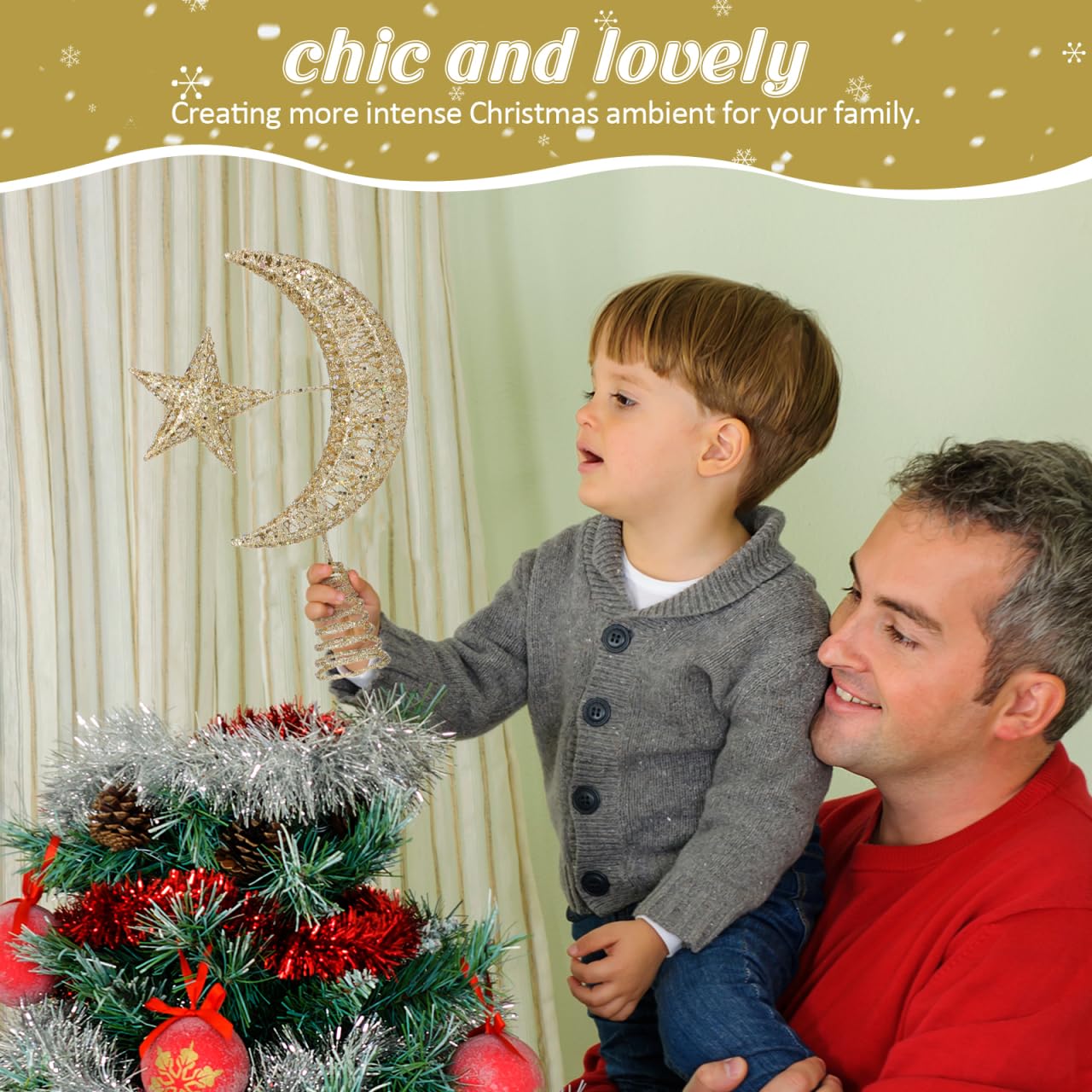 Angoily Cimier de sapin de Noël, étoile et lune à paillettes, décoration de sapin de Noël en fer pour fête de vacances, décoration d'intérieur, doré, 30 cm