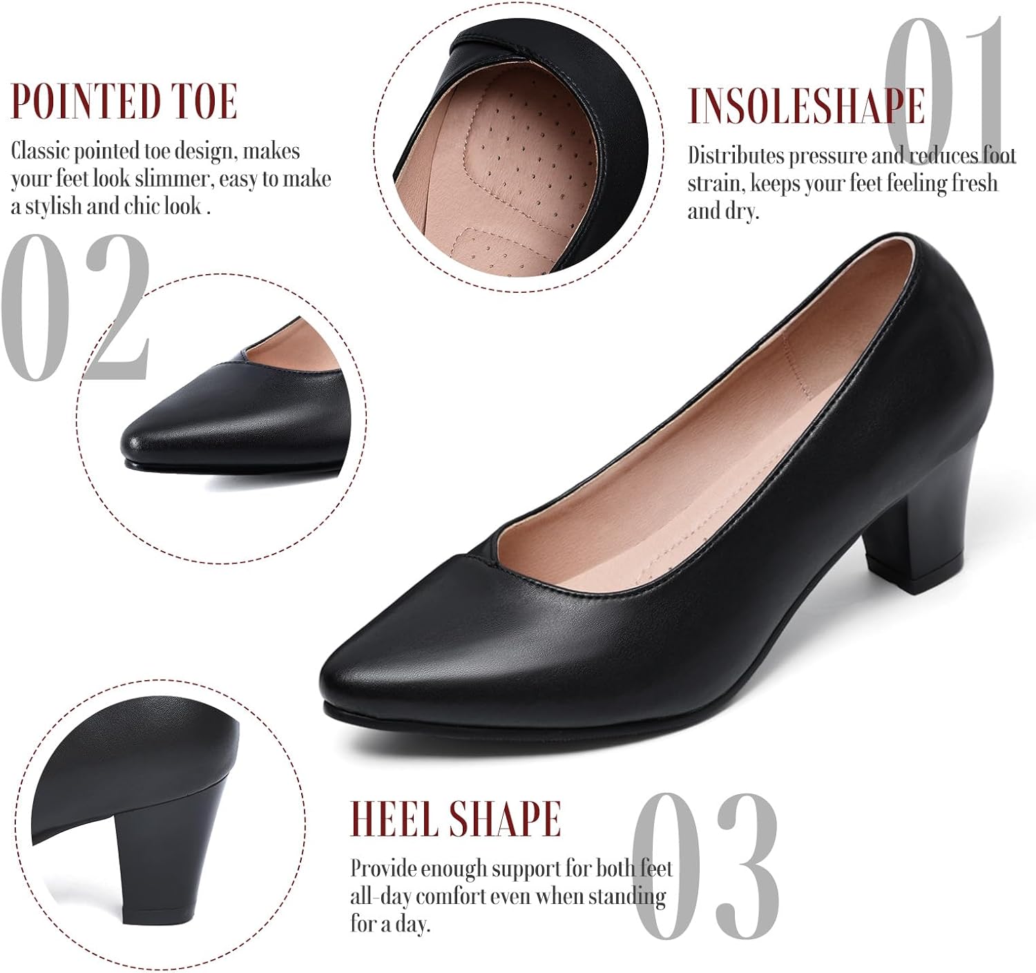 Vipost Wide Width Black Heels for Women Dress Shoes Low Chunky Block Closed Toe Heels Work Office Party Casual Classic Slip On Comfortabl Pumps - Image 7