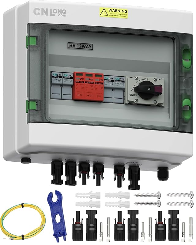 Caixa combinadora solar fotovoltaica 2 entradas e 1 saída com chave seccionadora 32A DC1000V, DPS T2, fusível 20A e IP65 CNLonQcom LQX-HA