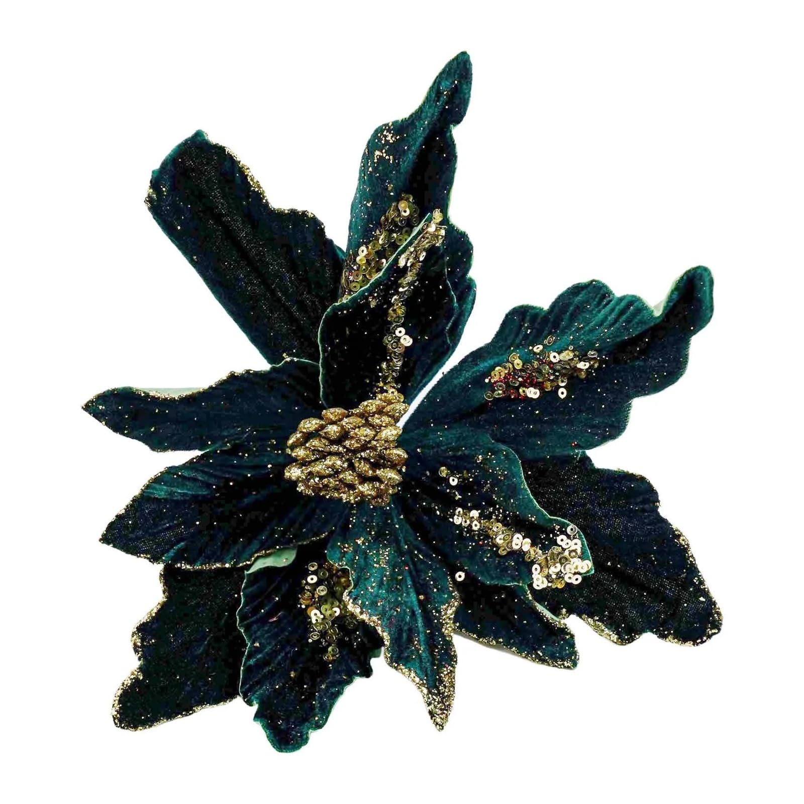 CVEVSFG 1x Artificial Cloth Flowers Realistic Xmas Tree Hanging Flower Merry Decoration(Deep Green)