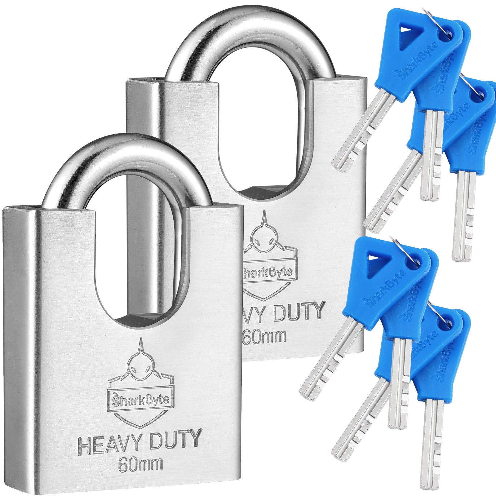 Sharkbyte 2 Pack [Never Rust] 60mm Heavy Duty Waterproof Outdoor Padlock 4 Keys, High Security Stainless Steel Anti-Cut Concealed Shackle, Weatherproof Container, Shutter, Warehouse, Gate, Garage Lock