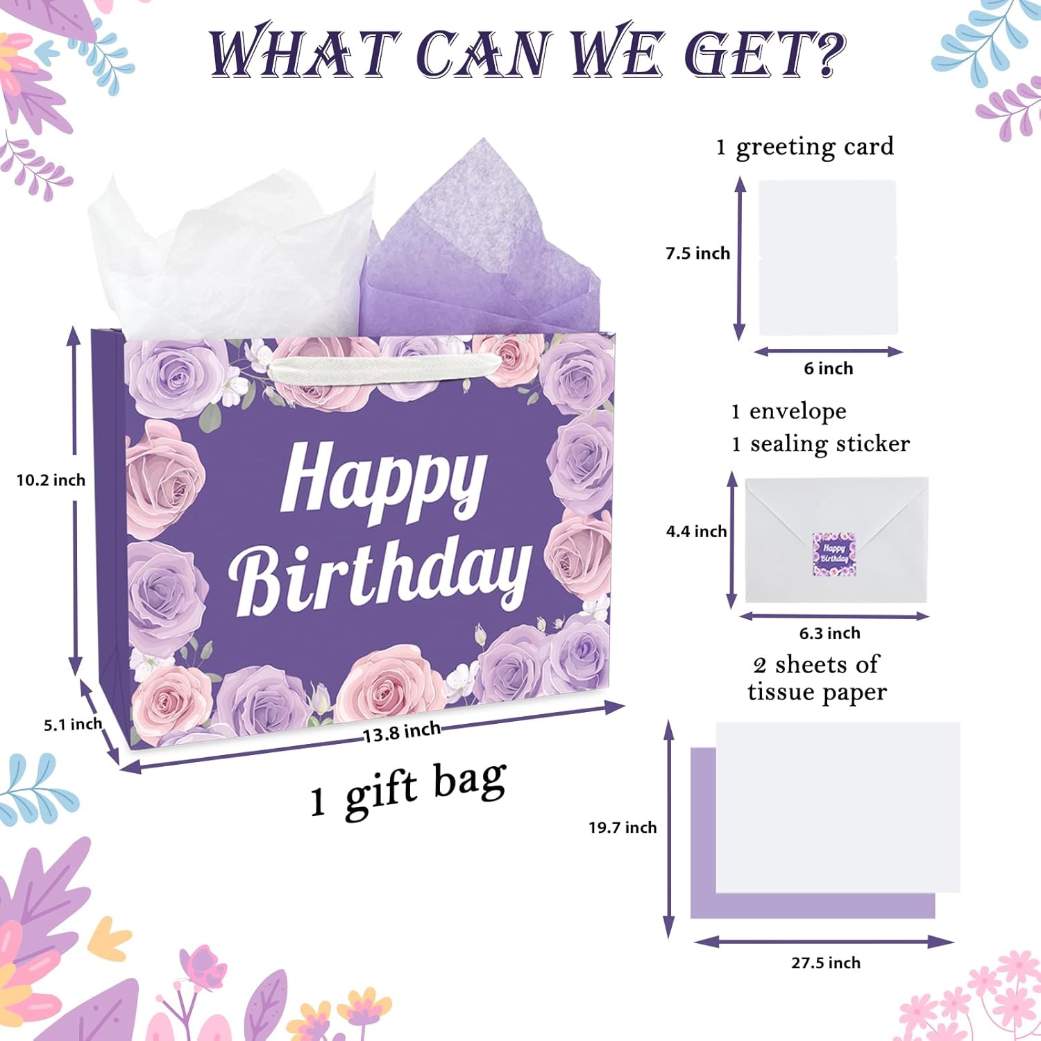 ZHIAXTON 13.8" Large Happy Birthday Gift Bag with Tissue Paper and Card,Rose Purple Gift Bags Set for Girl Women Birthday Party - Image 2