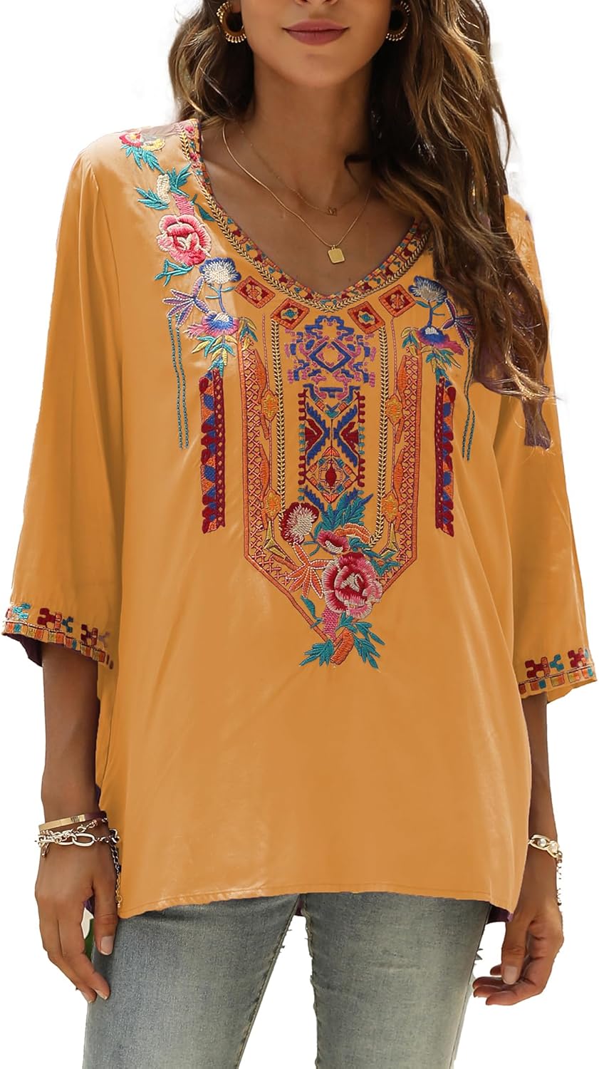 Women's Boho Embroidered Tunic Top Floral V-Neck 3/4 Sleeve Blouse, Loose Fit Summer Casual Beach Shirt - Image 2
