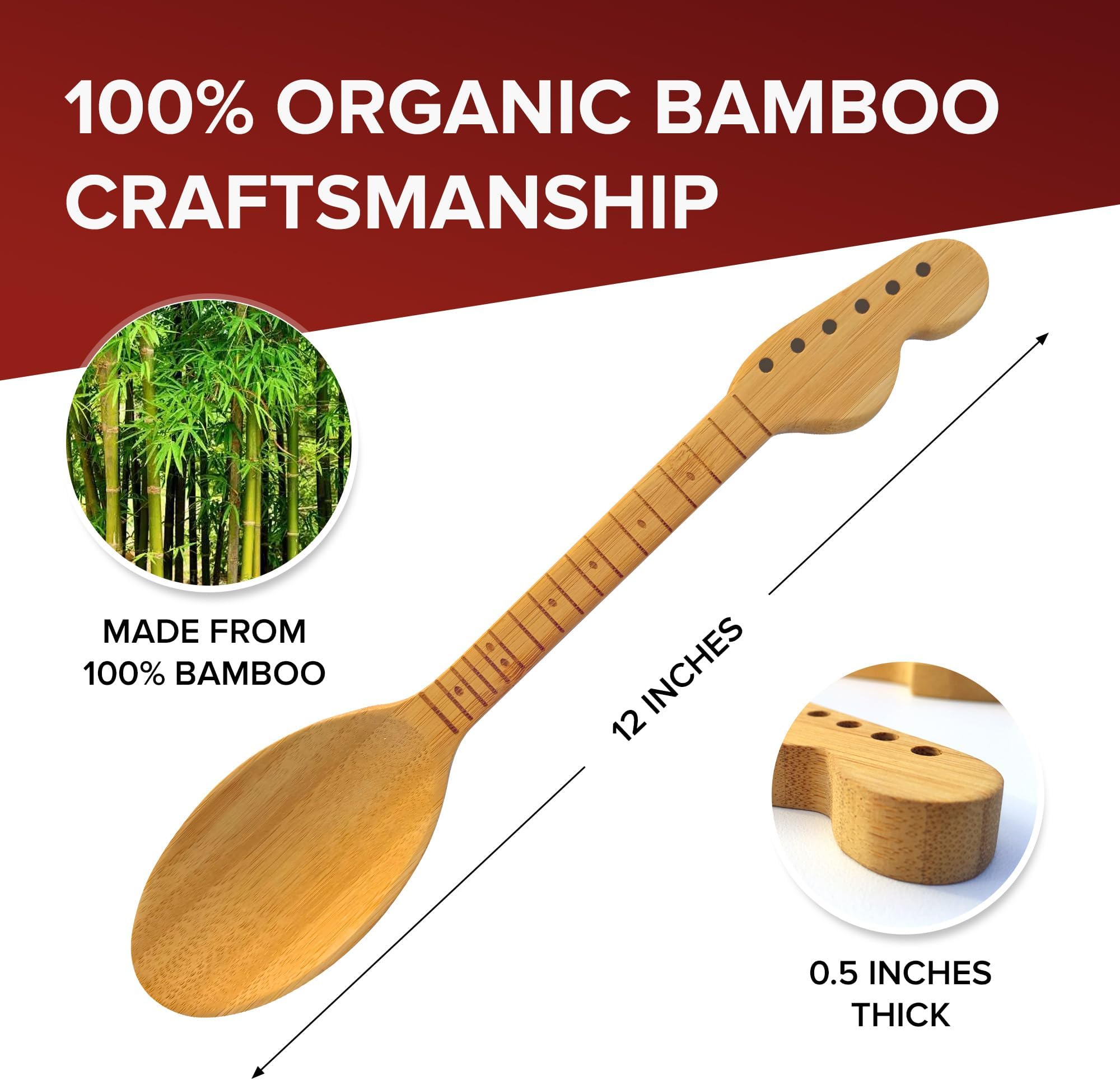 Bamboo Guitar Neck Shaped Kitchen Cooking Utensil Set - Guitar Shaped Musician Gifts - Set of 4: Spoon, Spatulas and Salad Fork
