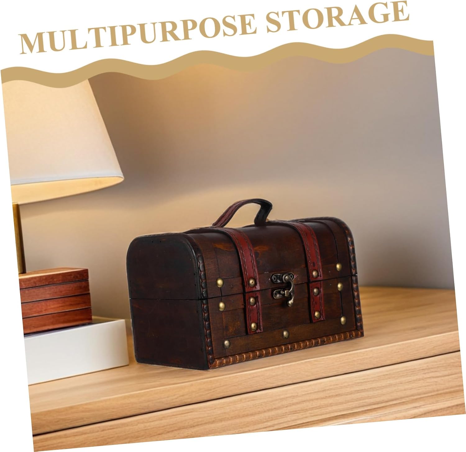 Unomor Vintage Wood Pirate Treasure Chest Jewelry Box with Lock Xmas