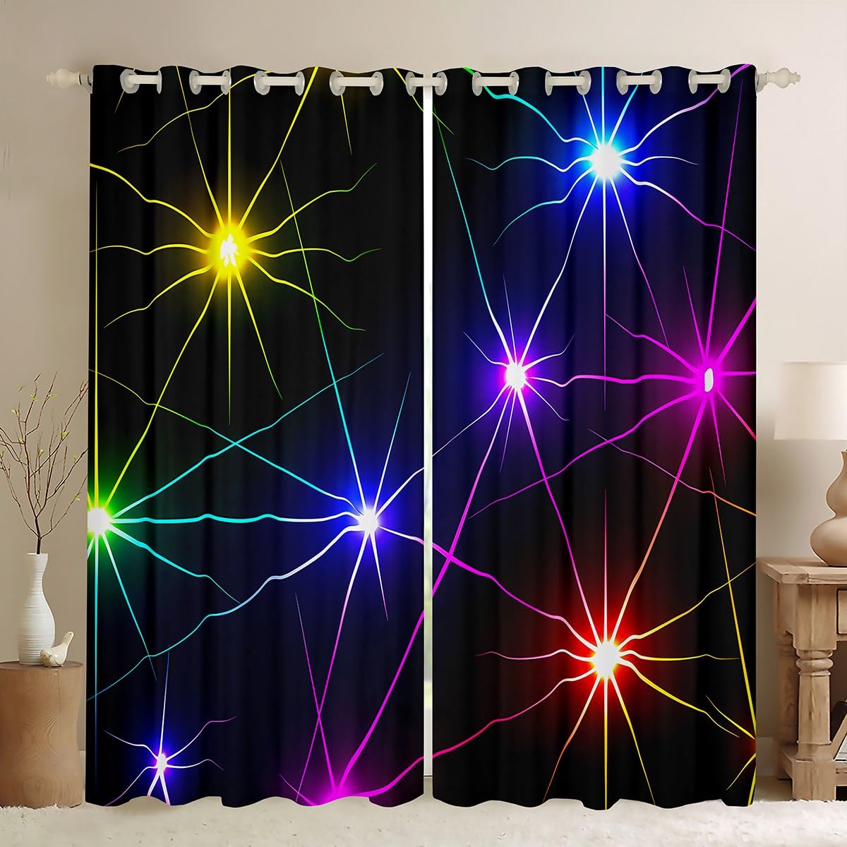 Homemissing Kids Neon Light Stripes Curtains(2 Panels,W46*L54) For Boys Girls Teens Geometric Modern Art Darkening Blackout Window Curtains Abstract Stripe Line Window Treatments โ image 1