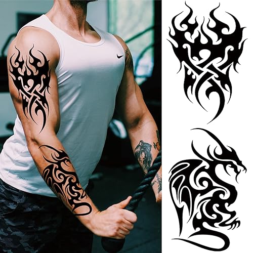Miniatura 2 de Briyhose Tatuaje temporal tribal para hombres adultos, tótem grande negro tribal tatuaje falso tribal, de larga duración, impermeable, a gran