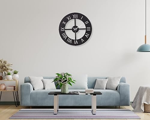 Miniatura 144 de Reloj de pared de metal de 20 pulgadas, redondo, silencioso, moderno, analógico, grande, funciona con pilas, reloj de pared para sala de estar, Negro