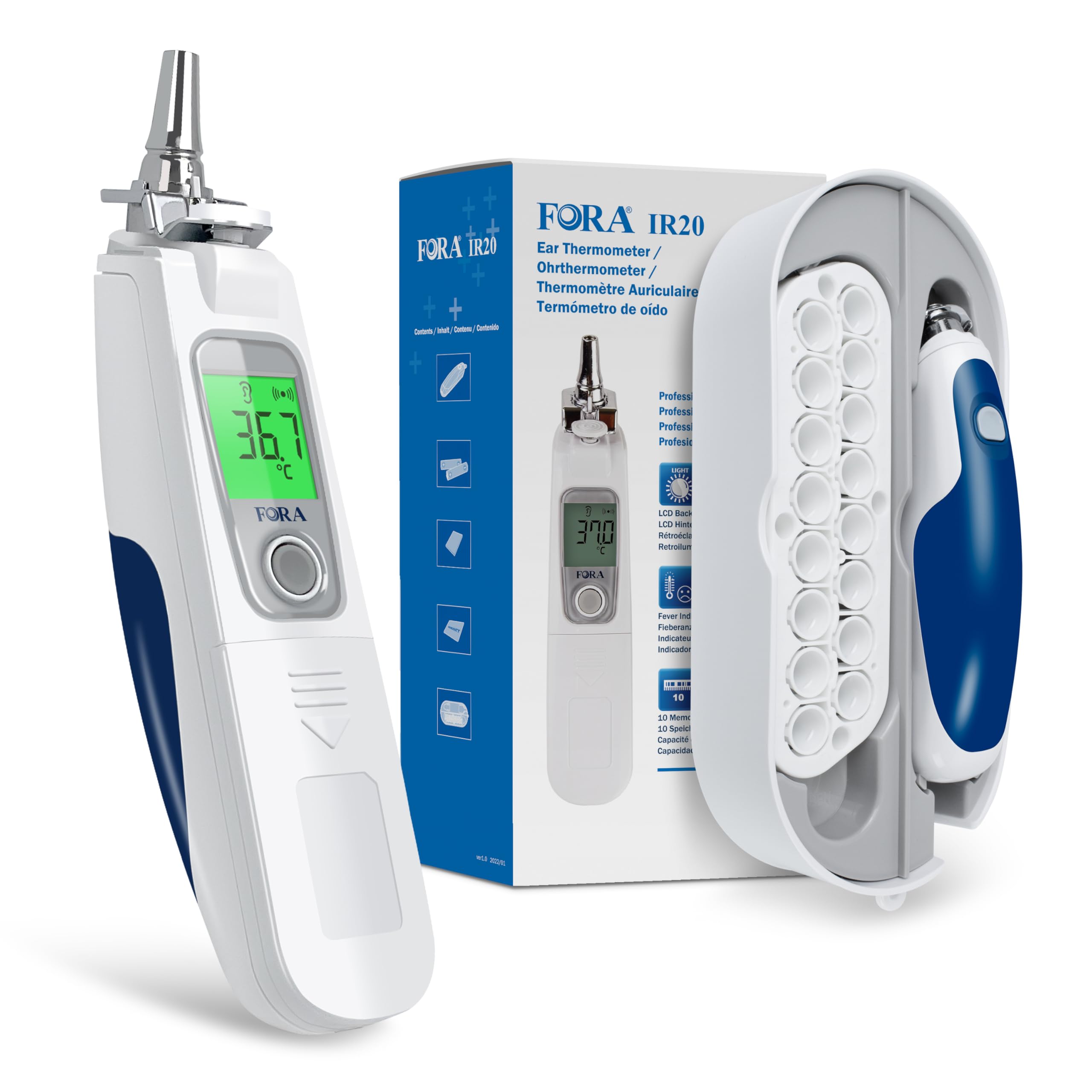 FORA IR20B Ohrthermometer mit bluetooth in medizinischer Qualität mit 16 Einmal-Schutzkappen, kleiner Eisenkopf- langlebig, Einfach zu säubern | Digitales Infrarot-Fieberthermometer mit Bluetooth, Aufbewahrungsstation, Auswurftaste, Farbanzeige und 10 Spe