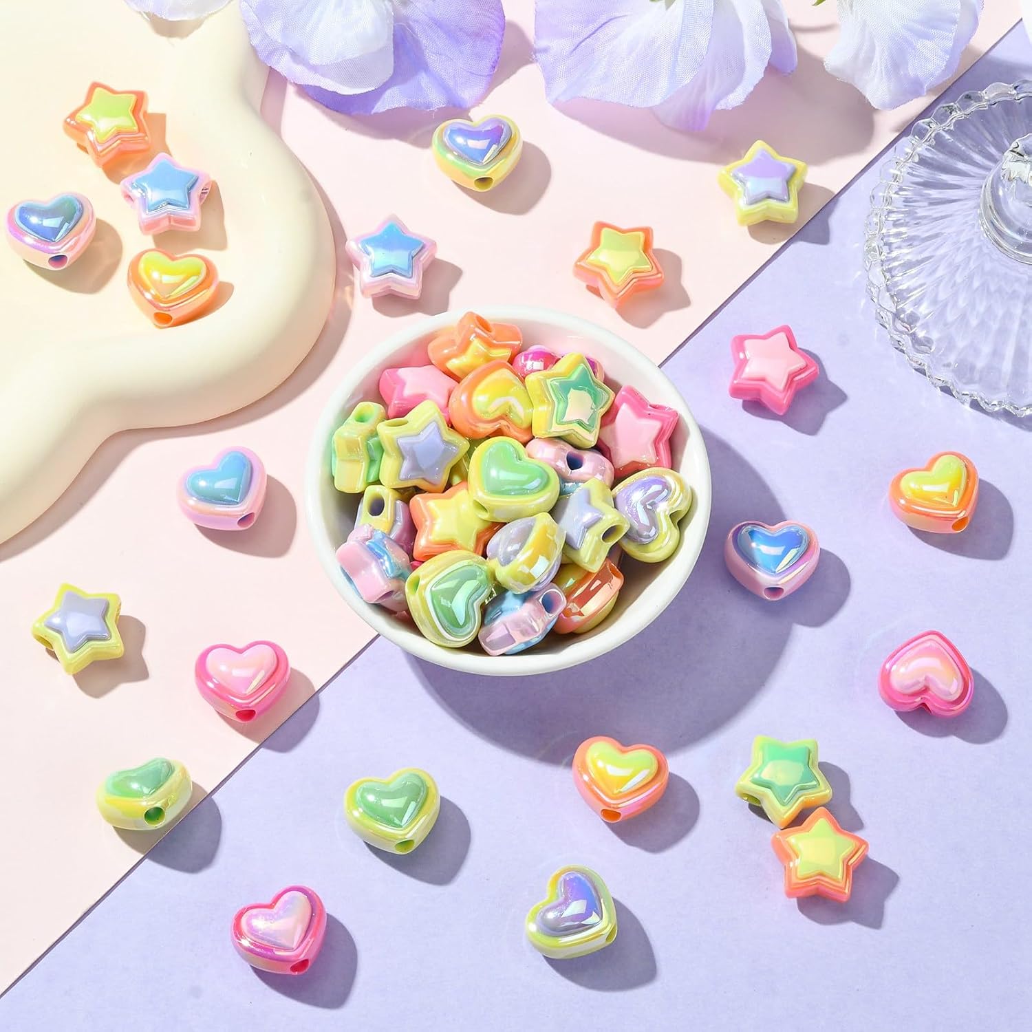 KitBeads 50pcs 10 Styles Acrylic Heart Star Beads UV Plated Heart Shaped Colorful Star Shaped Beads for Jewelry Making Bracelet Craft Bulk