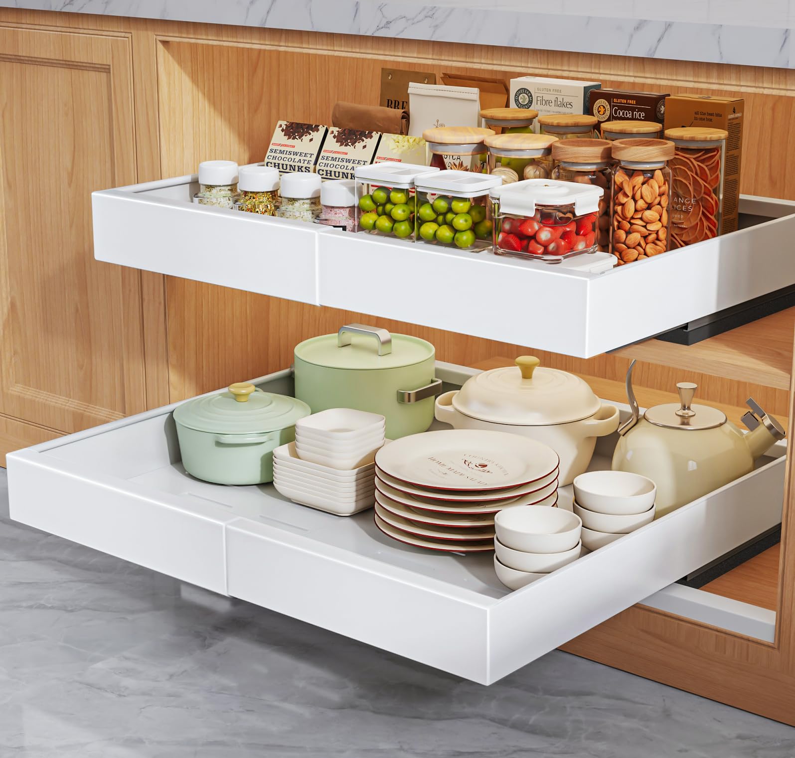 Seinloes 2 Pack Pull Out Cabinet Organizers 16.5" Deep With Raising Pad for Framed Cabinets,Expandable Slide Out Drawers Upgrade 3 Slide Rails,Roll