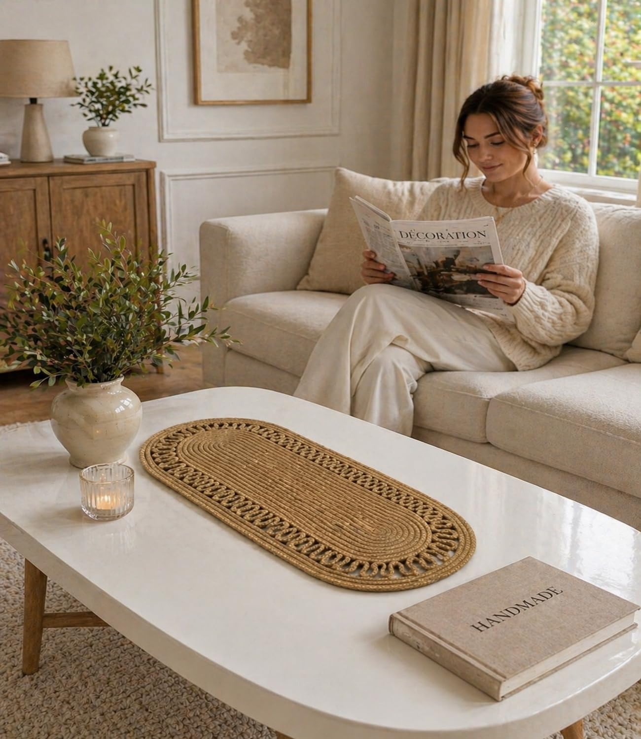 Chemin de table en jute Odiye lavable pour protéger table bois