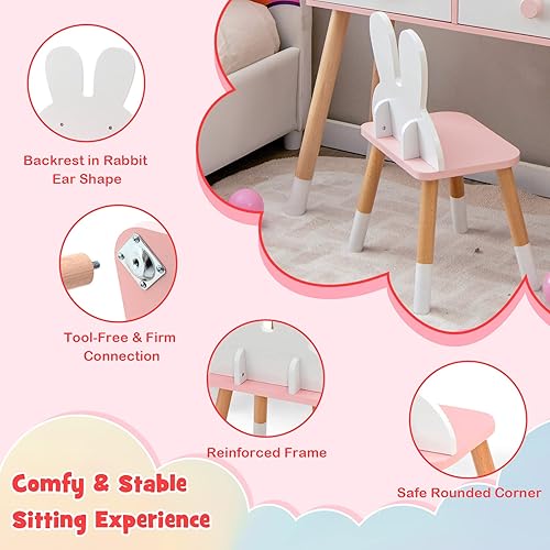 Miniatura 6 de GLACER Juego de mesa y silla para niños, juego de tocador con silla, espejo extraíble, 2 cajones grandes, estante de almacenamiento y patas de