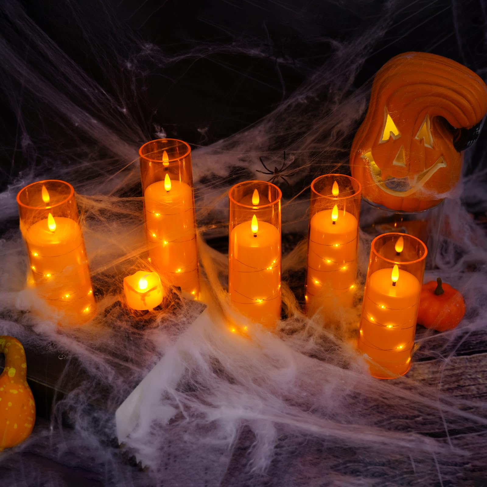 kakoya Lot de 5 bougies LED sans flamme vacillante avec minuteur pour ambiance romantique et décoration de la maison Coque en acrylique stable, avec chaîne d'étoiles intégrée, bougies à piles (orange)