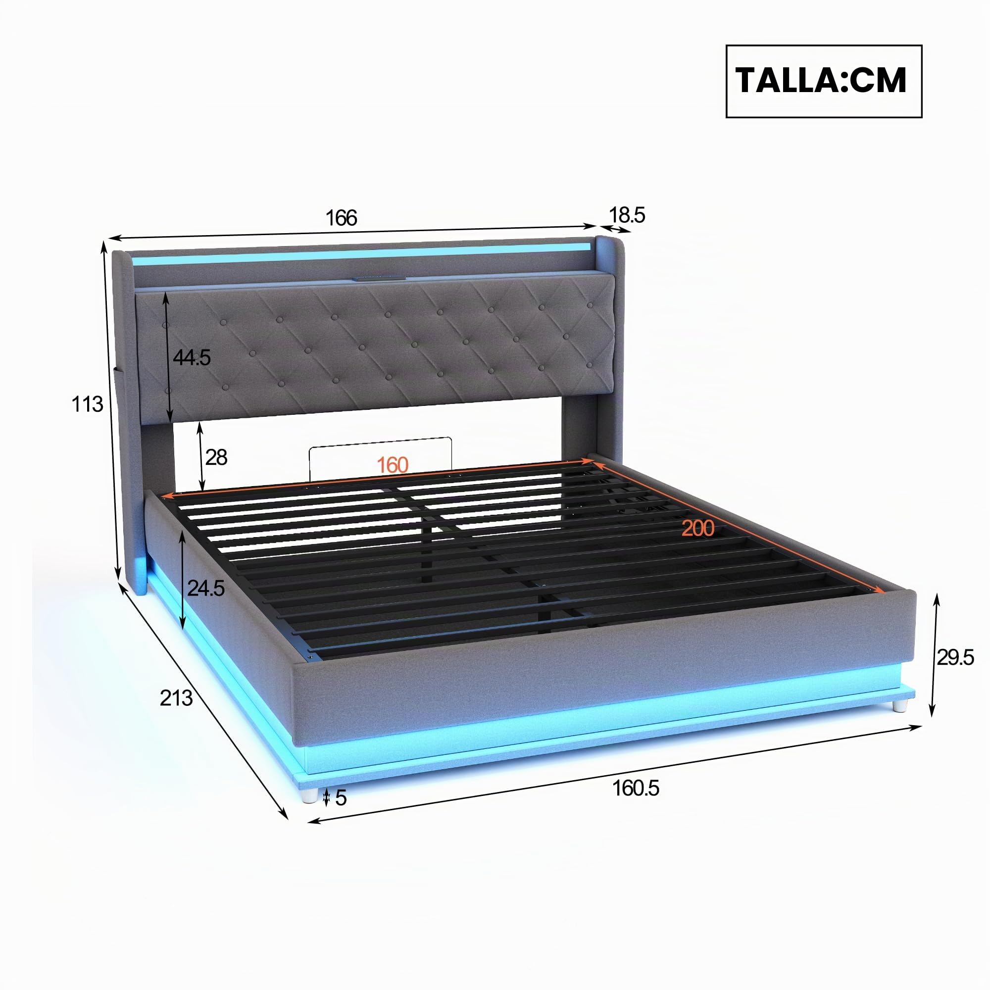 Cama Matrimonio 160x200 cm, Cama Tapizada con USB y Iluminación LED, Estructura Cama Doble con Almacenaje Hidráulica, Camas Matrimoniales con Láminas de Metálicas, Lino, Gris, Sin Colchón