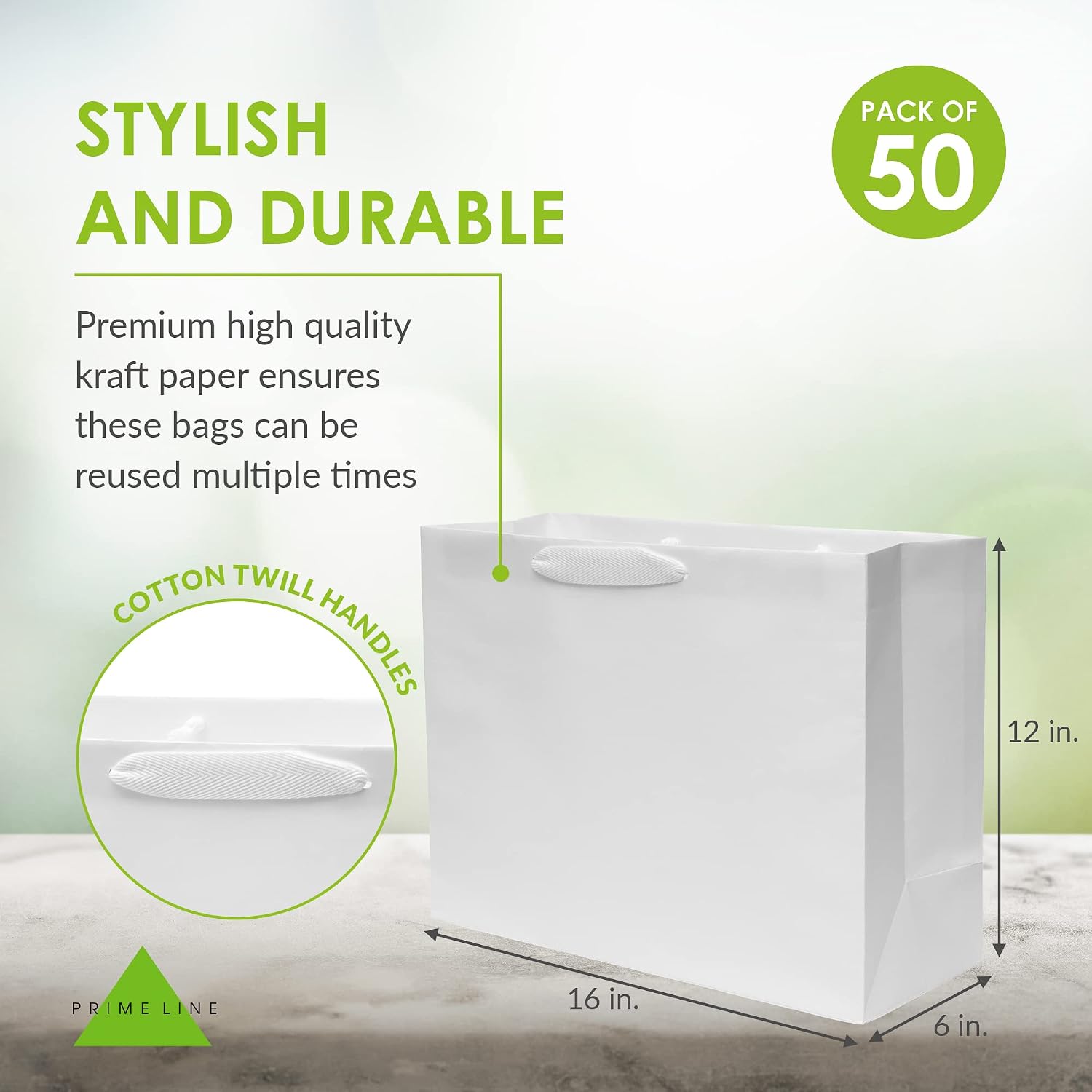 Prime Line Packaging White Paper Bags, Large Reusable Gift Bags with Handles for Shopping, Holidays, Weddings, Birthdays, Thank you, Bulk, 16x6x12, 50 Pack