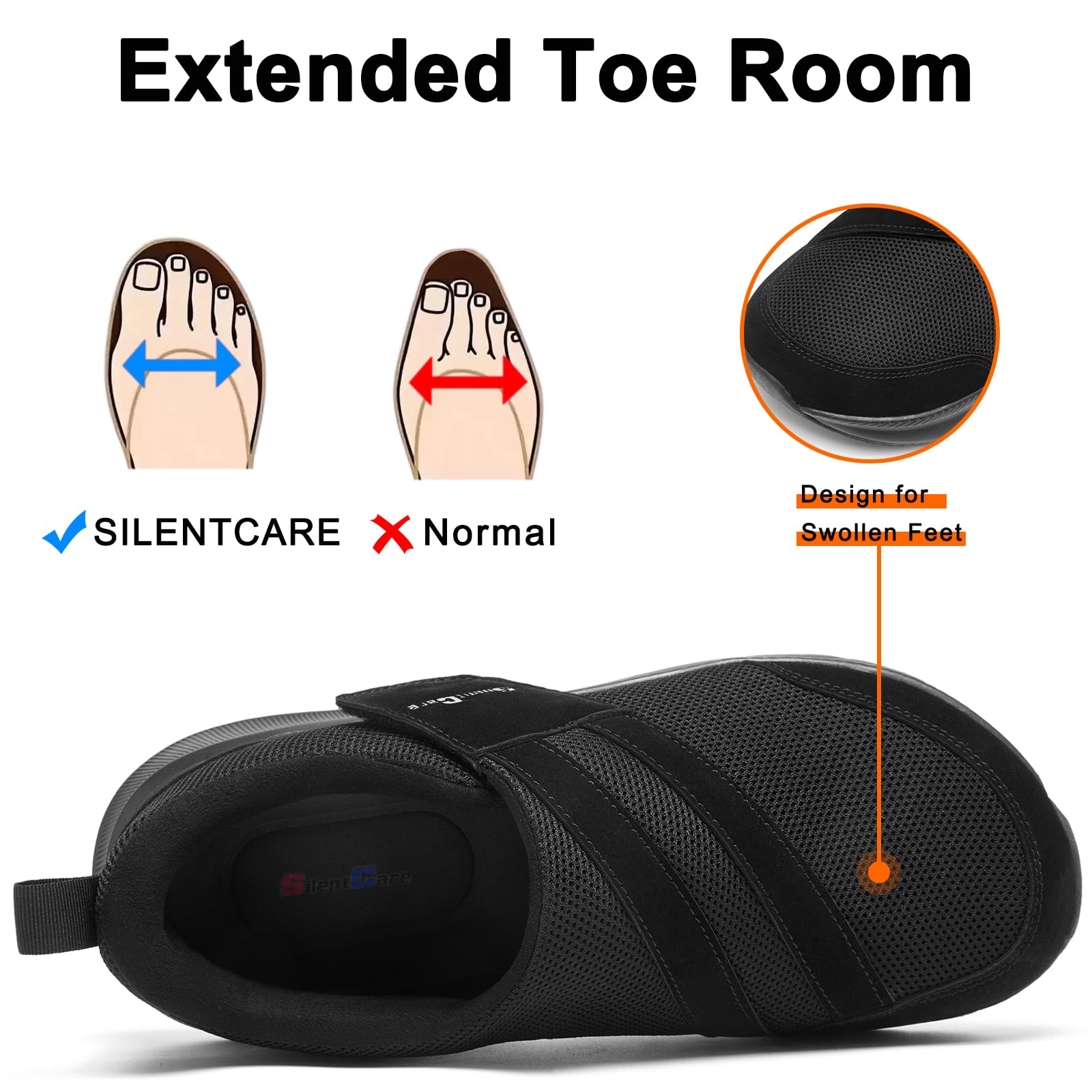SILENTCARE Buty dla diabetyków dla mężczyzn, szerokie palce, wsuwane, dla opuchniętych stóp, regulowane buty do chodzenia dla osób starszych łagodzące ból stóp, neuropatia