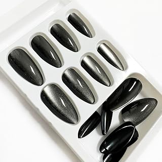 Black Cat Eye Press on Nails Long Fake Nails with Designs, Acrylic Long Press on Nails Medium Design Black Cat Eye Fake Nails, Thick Medium Press on Nails Black Acrylic Nails Press on