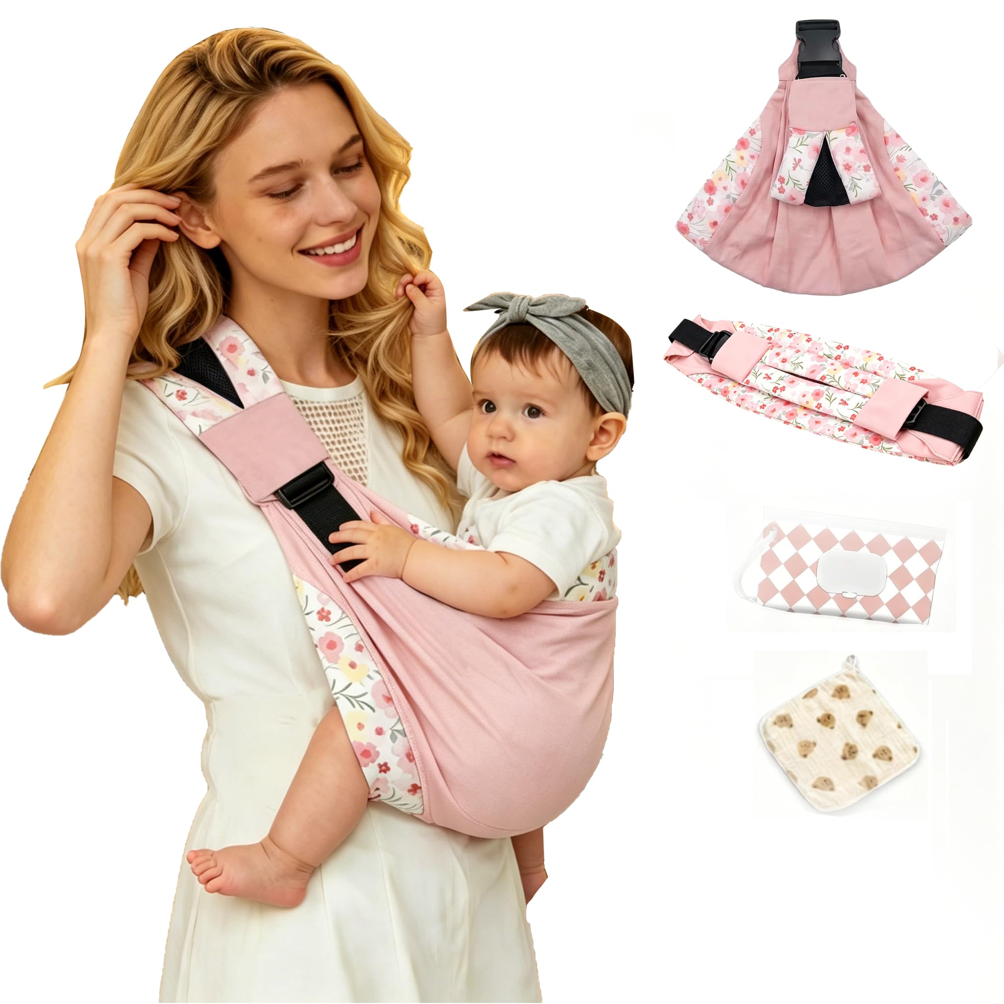 Baby Carrier Newborn to Toddler - Ergonomic, Cozy and Lightweight Infant Carrier for 3-20kg, Effortless to Put On, Ideal for Hands-Free Parenting, Enhanced Lumbar Support (Pink Flower)
