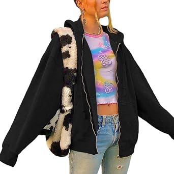 XBTCLXEBCO Oversized Zip Up Hoodie Sweatshirt for Women Basic Solid Color Zipper Hooded Jacket E-Girl Vintage Streetwear Coat