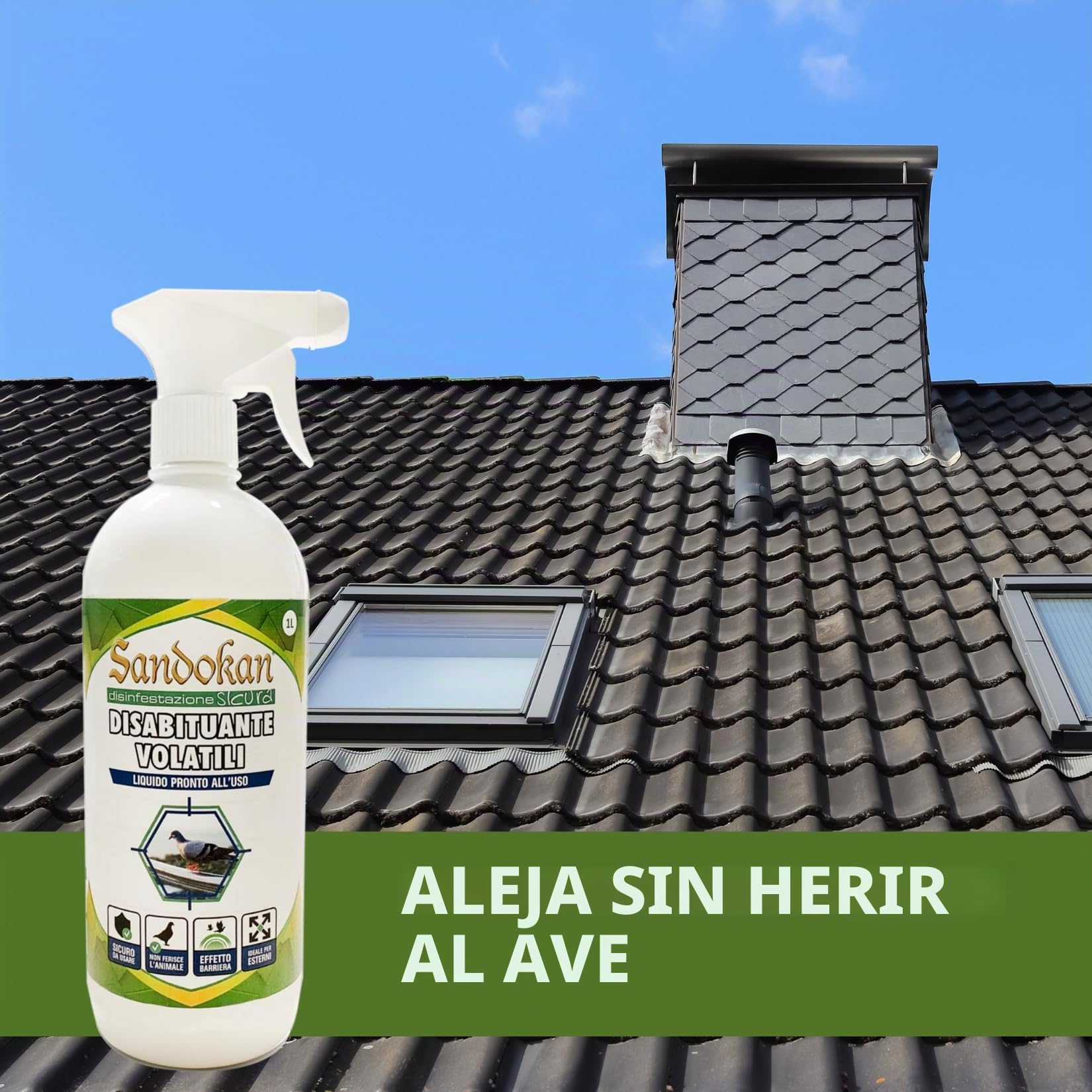 Sandokan Ahuyentador de Palomas Spray 1 Litro, Repelente Natural de Aves Listo para Usar, Disuasorio Líquido para Balcones y Ventanas Sin Gas, Fabricado en Italia