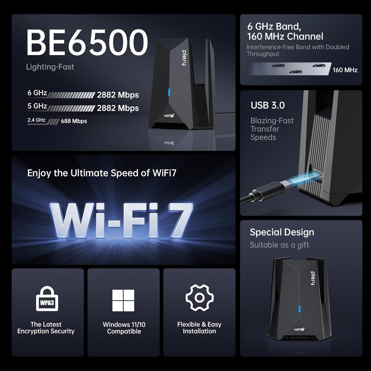 BE6500 USB WiFi 7 Adapter for Gaming 4K Streaming, Tri-Band 6500Mbps Wireless Dongle for Desktop PC with Type-C to USB 3.0, Driver-Free for Home Office & Entertainment, Support Windows 11/10