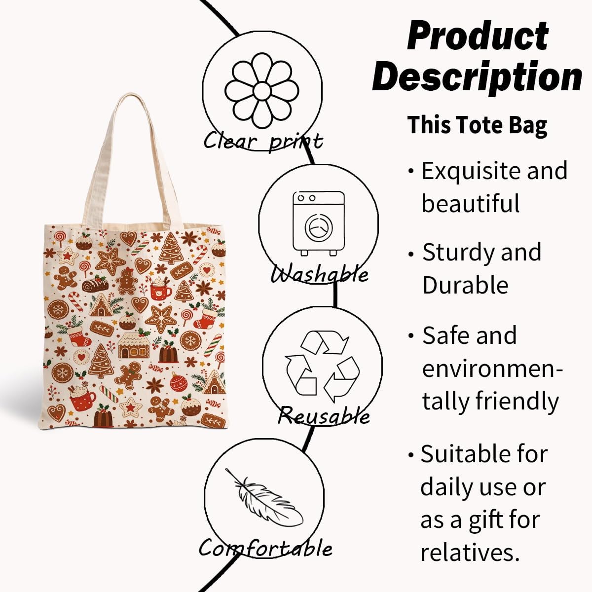 Gingerbread Christmas Tote Bag, Holiday Cookie Candy Canvas Bag image 3