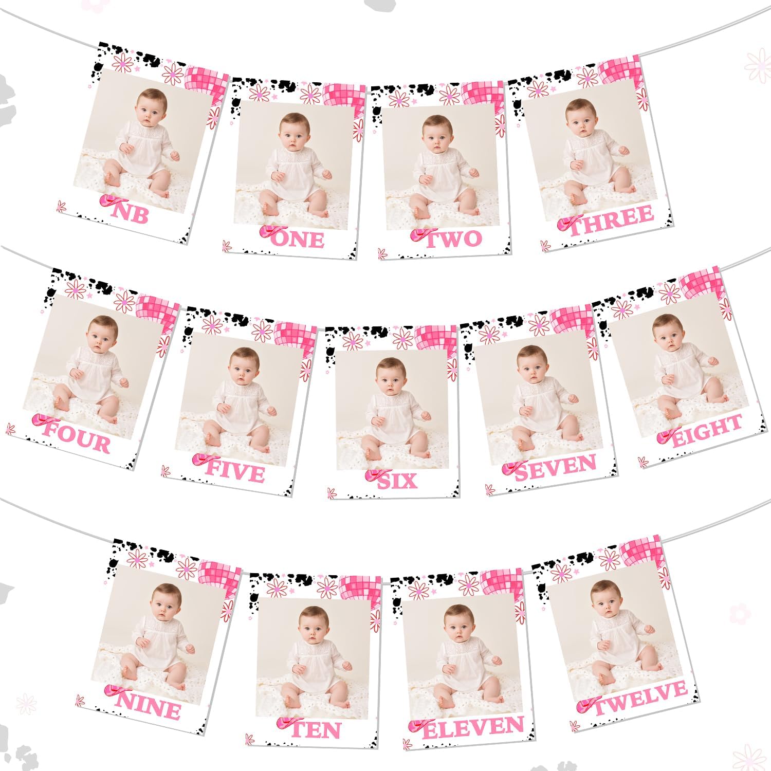 Space Cowgirl 1st Birthday Photo Banner Pink For Girls, My First Rodeo Photo Banner from Newborn to 12 Months Western Disco Monthly Photograph Bunting Garland for Girl First Birthday Party Supplies