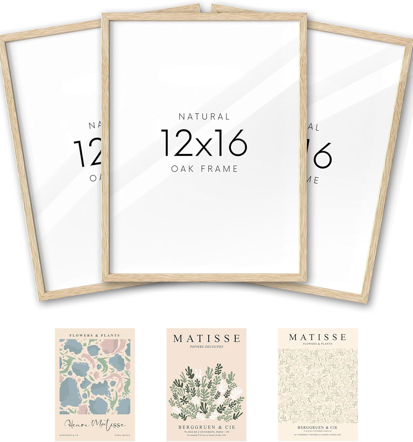 KensTro 12x16 Set of 3 Natural Oak Wood Picture Frame with 3 Matisse Prints,12x16 Minimalist Natural Solid Wooden Picture Frames for 12"x16" Posters,Wall Art,Photos,Prints,Paintings Matisse Colorful Wall Art-Framed 16"L x 12"W