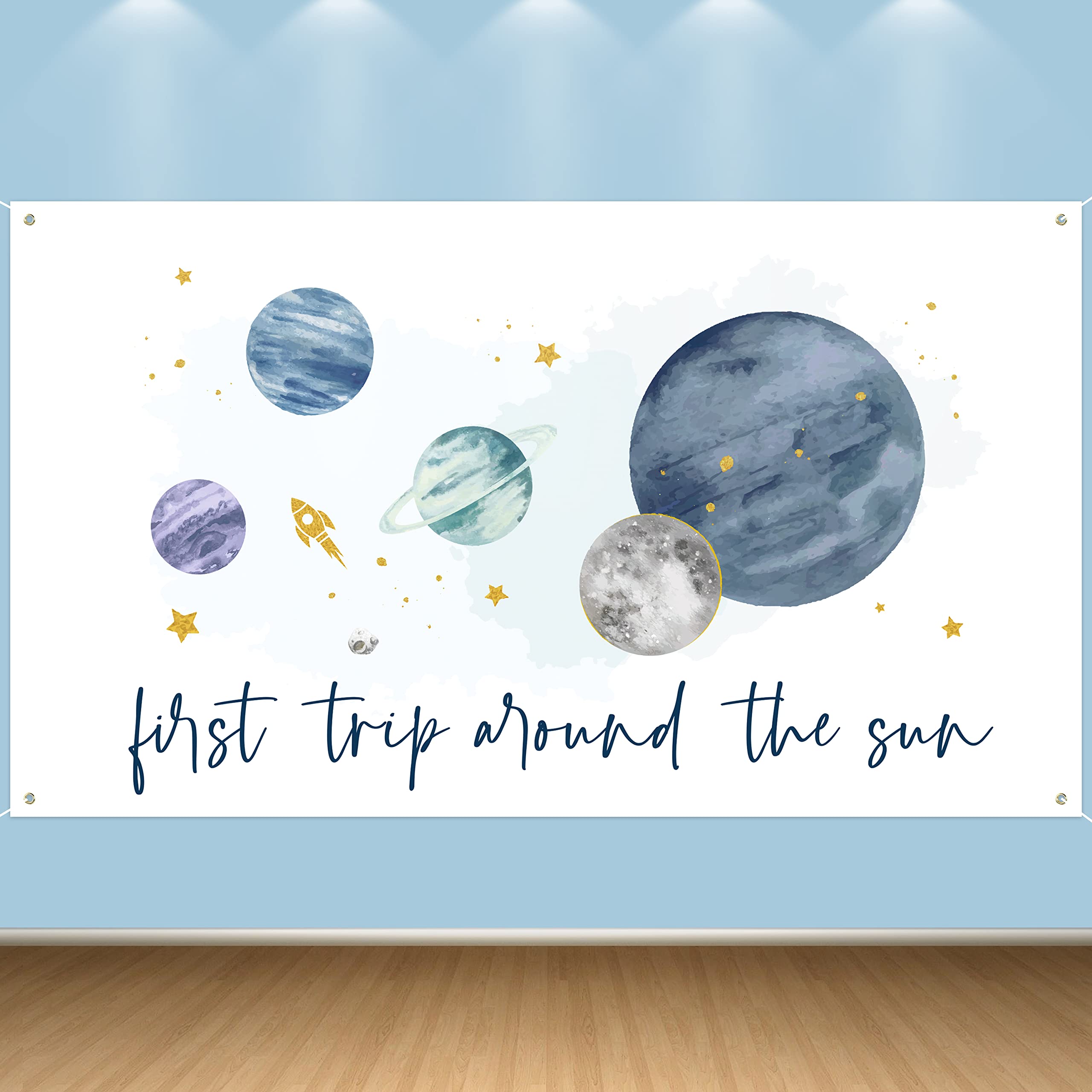 GROBRO7 First Trip Around The Sun Space Party Backdrop Watercolor 1st Birthday Banner Extra Large Planets Background Banners Baby Shower Party Decor Supplies for Indoor Photo Booth Props 6.5 x 3.7 ft