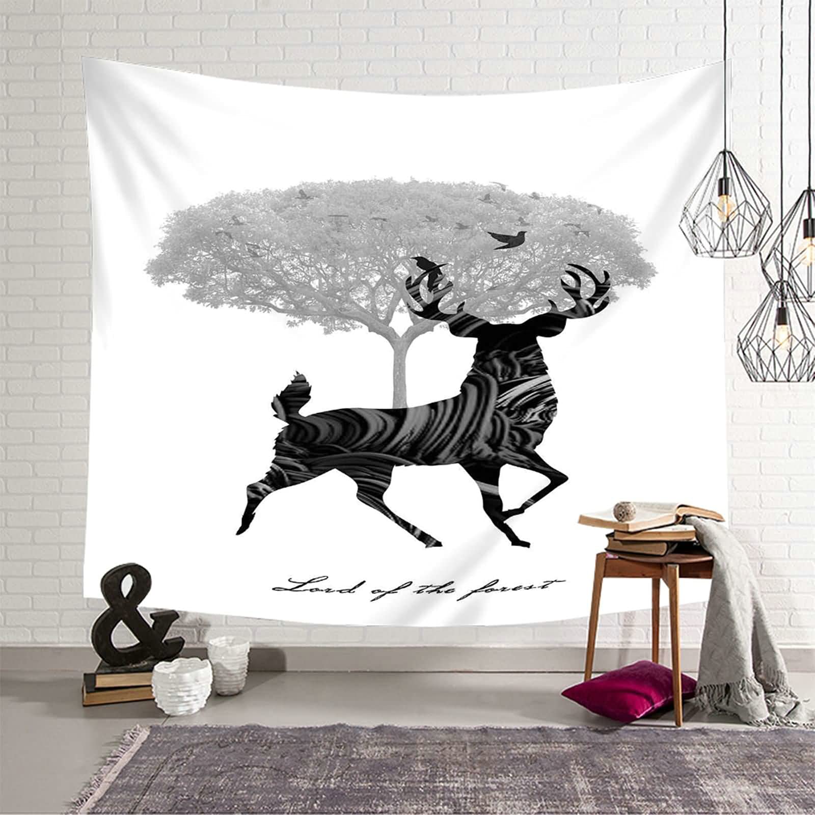 Tapiz de pared KnSam de poliéster negro y gris de 150 x 150 cm con diseño de alce del bosque