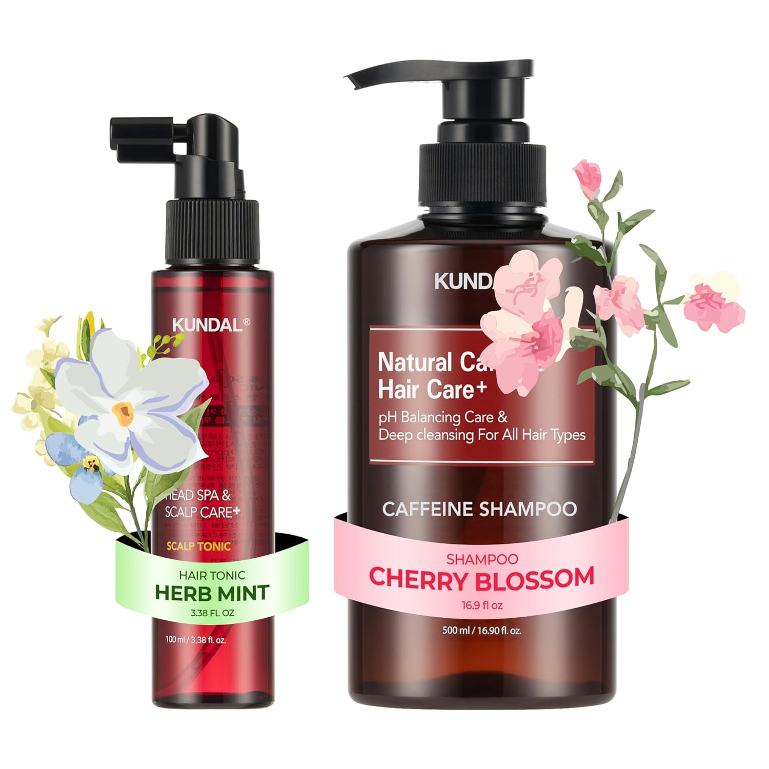 KUNDAL Caffeine Scalp Care Duo – Hair Loss Scalp Tonic + Cherry Blossom Caffeine Shampoo for Stronger Roots & Fuller-Looking Hair