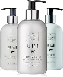 The Scottish Fine Soaps Company Au Lait Gift Set includes Cream Hand Wash, Hand Lotion Moisturiser and Bath & Shower Gel all 300ml Bottles with Pump Dispenser