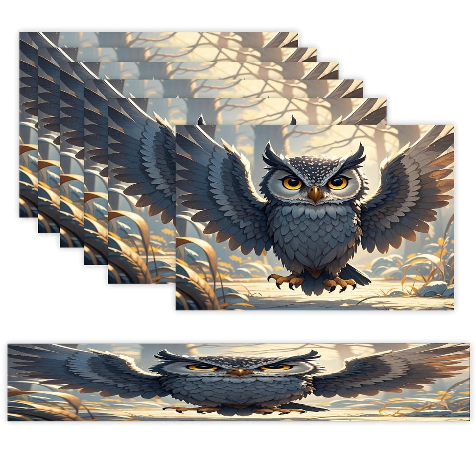 Anime Owl Table Runner and Placemats Set of 6 Wipe Clean Heat Resistant Table Mat with Table Runner Decorations Flax Linen Place Mat Set for Home Kitchen Party Supplies