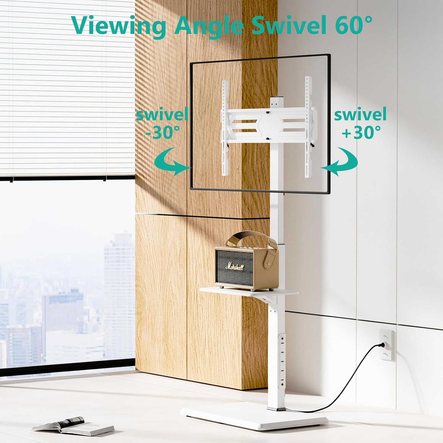 WALI Floor TV Stand with Power Outlet & AV Shelf, Tall TV Stand Mount for 32-70 inch TV up to 110 lbs, Swivel and Height Adjustable TV Stands with Wood Base for Bedroom, Office(TVDVD-6PW), White