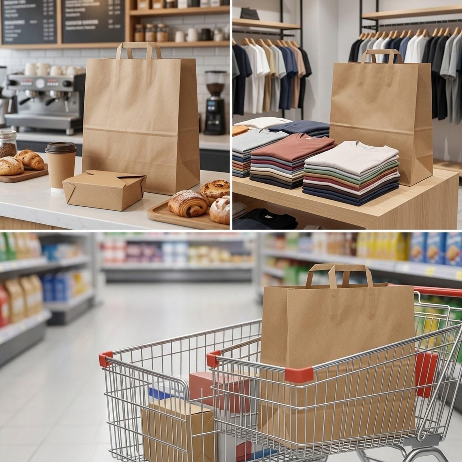 50 Pièces Sacs Shopping Papier Fond Plat Sacs Courses Papier Plates Réutilisables pour Boutiques Emballage Repas à Emporter Mariages, 39 X 36 X 19 Cm